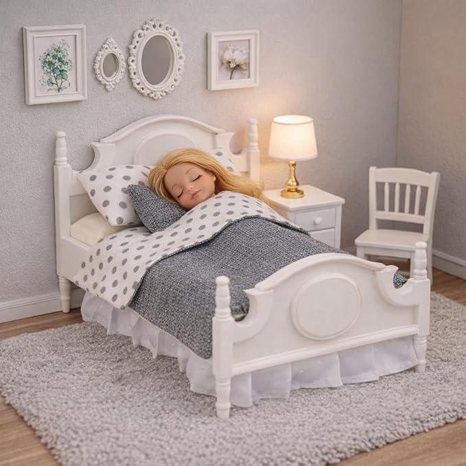 1:12 Scale Dollhouse Bedding Set for 6-Inch Dolls, 5-Piece Comforter, Pillows & Blanket, Realistic Mini Bedroom Accessories