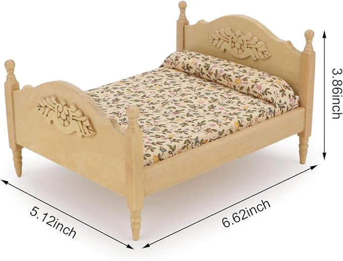 Miniature Furniture Dollhouse Wooden Fabric Bed with Mattress & Pillow 1 12 Scale Furniture Dollhouse Decoration Accessories (Wood)