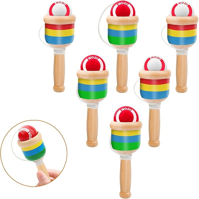 6 Packs Wooden Catch Ball, Retro Paddle Ball with String Toys for Kids & Adults, Hand Eye Coordination Cup and Ball Game for Outdoor Beach Lawn Party Favors, Family Fun & Education Supplies