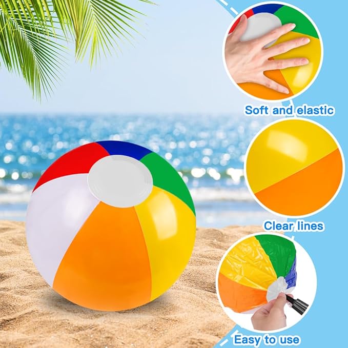 16 Pack 12" Summer Inflatable Beach Balls Bulk Rainbow Swimming Pool Water Games Toys for Kids Summer Party Supplies Decorations