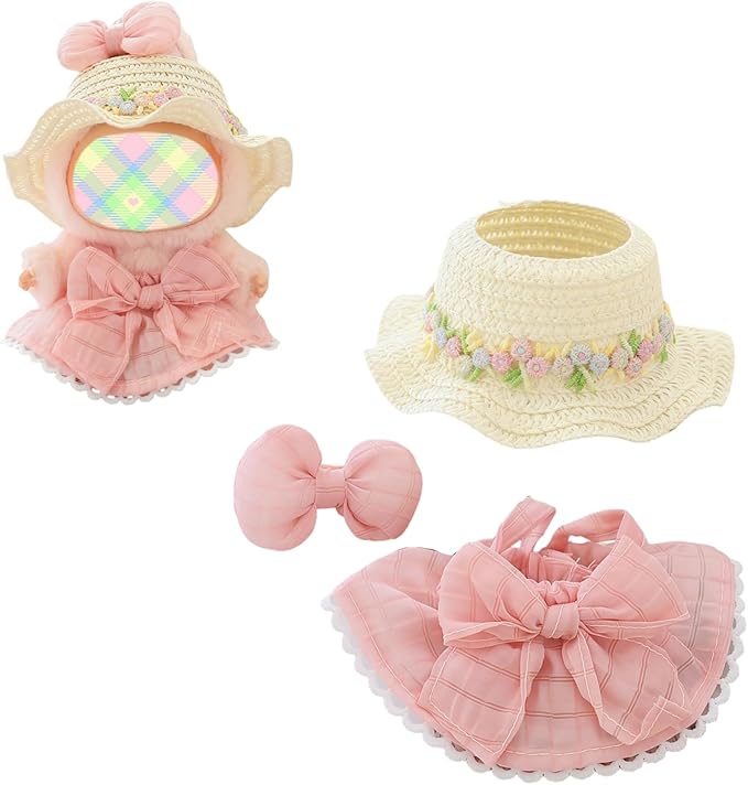 Clothes for Lu bubu 17cm Dolls Accessories (No Doll), Kawaii Hat Skirt Outfit Set 3 Pieces for 17cm Dolls Suit, Stylish Flower Doll Hat Clothing Set Replacement Pink