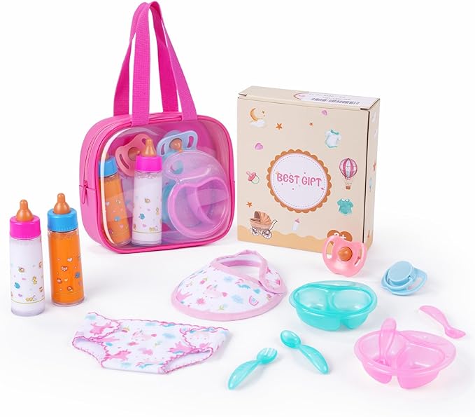 BABESIDE 13 Pcs Baby Doll Accessories Set with Magic Bottles Diapers Pacifiers and Storage Bag, Baby Doll Feeding Set with Realistic Baby Doll Accessories for Girls Pretend Play Toys
