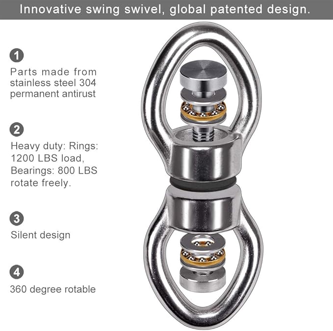 SELEWARE Silent Bearing Swing Swivel, 360° Rotational Device Hanging Accessory for Tree Swing, Hammock Chair, Yoga,1200LB Capacity, 2 Pack