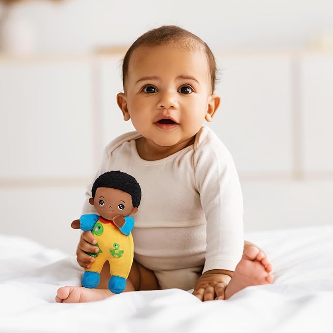 OUOZZZ Black Boy Baby Doll 10" - First Birthday Toys for 1 Year Old Boy, Ideal 1 Year Old Boy Gifts & Baby Boy Gifts, Snuggle Buddy for Infants Dinosaur Toy