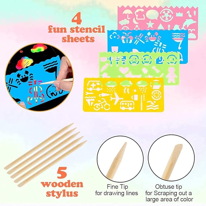 Mocoosy 60 PCS Rainbow Scratch Art Paper for Kids, Magic Scratch Paper Set Art Craft Supplies, Black Scratch Sheets Party Game Activities Birthday Easter Gifts for Girls Boys 3 4 5 6 7 8 9 Years Old