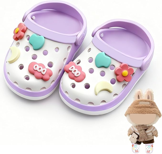 Doll Shoes,6.7in(17cm) Plastic Doll Dress up Shoes,Doll Decoration Accessories for Mini Clog Shoes with Cute Decoratives,Dual-Tone Oil Painting Design with Removable Ornament (Purple)