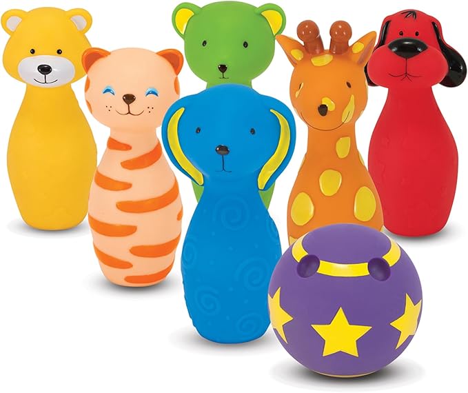 Melissa & Doug K's Kids Bowling Friends Play Set and Game with 6 Pins and Convenient Carrying Case Indoor Outdoor Bowling Set, Soft Plastic Animal Pins, for Ages 2+