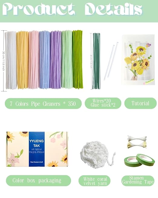 YYUENGTAK 350 Pcs Pipe Cleaners Flower kit（Macarons） with tutoria,Fluffy Yarn,Green Floral Wires,Gardening Tape,100 Stamens，Pipe Cleaners Craft,Chenille Stems for DIY Art Projects Creative Gift Decor