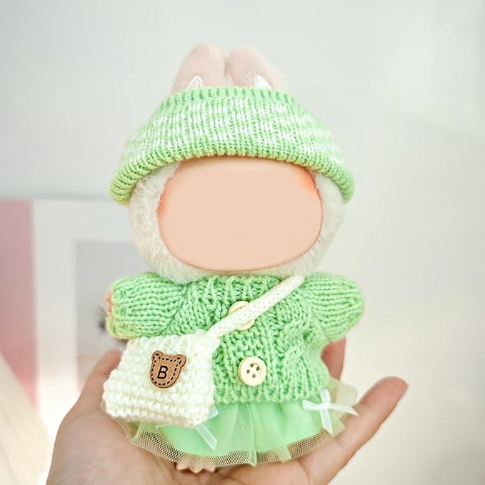 17cm Doll Clothes for Lububu,Outfits Set with Hand-Crocheted Green Sweater, Hat, Skirt, Shoes and Bag, Designer Clothing and Accessories for Macarons Series Dolls Dress-Up(Green Sweater Skirt)