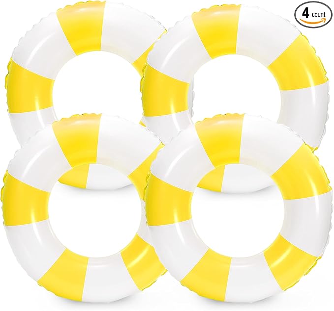 Whaline 4Pcs Inflatable Swimming Float Toy Striped Swim Ring Fun Print Pool Lounger Tube for Summer Swimming Beach Party