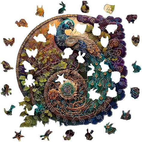 CRAFTHUB Animal Wooden Puzzles for Adults – A3 Peacock Yin Yang with 127 Pieces – Jigsaw Puzzles with Unique Animal Shapes – 10.6" x 10.7"