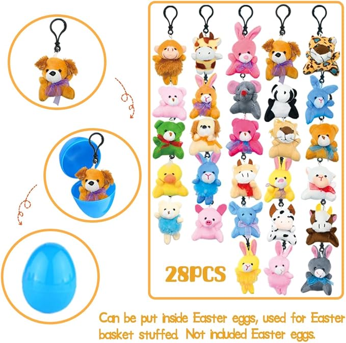 UMEELR 28PCS Valentine's Day Mini Plush Animals Toys, Small Stuffed Animal Keychain Cards for Valentine's Classroom Gift Exchange, School Prizes Valentines Party Favors Easter Basket Stuffers