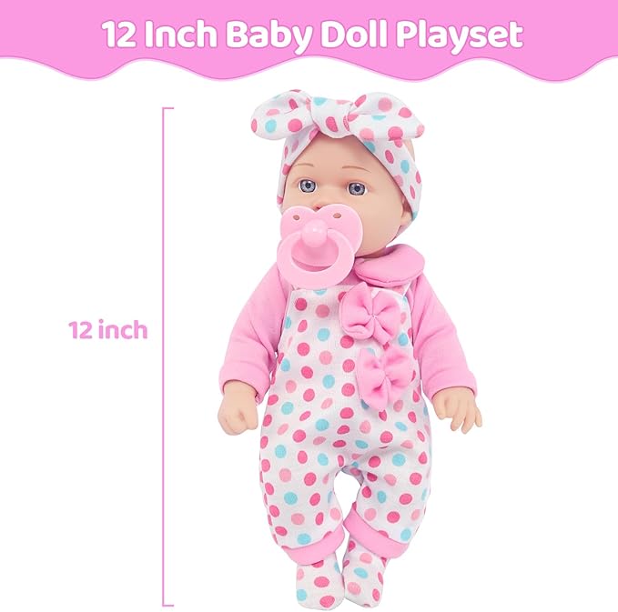 UNICORN ELEMENT 12 Inch Baby Dolls with Clothes Accessories Playset, 7 Set 12 Inch Baby Doll Bottle Pacifier Pretend Game for 3+ Years Old Girls Gifts in Box
