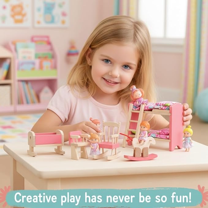 Wooden Dollhouse Bedroom Furniture: Doll Bunk Bed Rocking Horse Chair, DIY 1:12 Scale Miniature Doll House Decoration Accessories for Ages 3+ Role-Playing