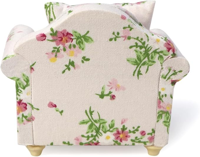 Dollhouse Couch with Pillow 1 12 Scale Miniature Sofa Arm Chair Living Room Furniture Wooden Fabric Frame Single Reading Chair Artificial House Room Scene Decoration (Pink)