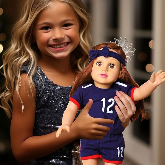 18-inch Girl Doll Clothes Accessories - Team USA 6 Piece Soccer Uniform Clothing Includes Headband,Shirt,Shorts, Socks,Shoes and Football Fits 18" Dolls