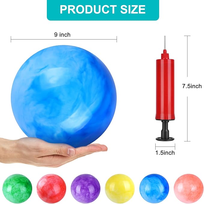 4 Pcs Playground Balls with Pump, 9 inch Inflatable Bouncy Balls for Kids, School, Beach, Kickball DodgeBalls and Indoor Outdoor Plays
