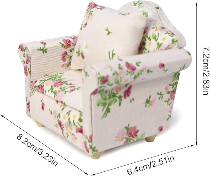 Dollhouse Couch with Pillow 1 12 Scale Miniature Sofa Arm Chair Living Room Furniture Wooden Fabric Frame Single Reading Chair Artificial House Room Scene Decoration (Pink)