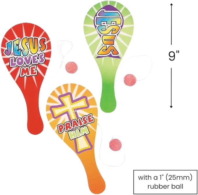 Fun Express Religious Paddleball – Faith-Inspired Toy for Kids – Church Events Group Activities or Party Favors Encourages Fun Faith-Based Play Vibrant Designs – Ideal for Gifts or Rewards – 12 Pieces