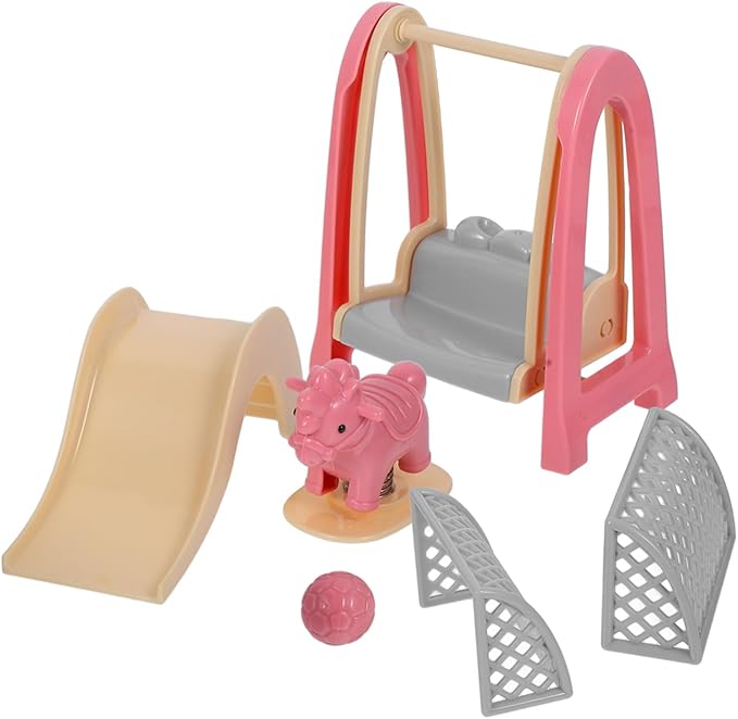 HANABASS Doll House Accessories Miniature Slide Swing and Wooden Horse Playground Set for Dollhouse Decor and Kids Imaginative Play