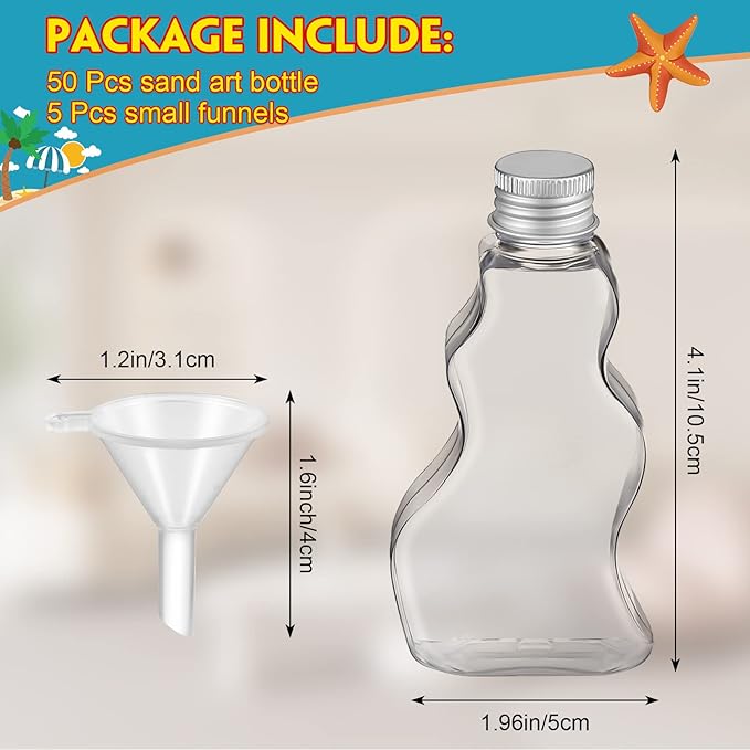 Nuenen 50 Pcs Sand Art Bottles Bulk with Funnels Plastic Wave Shaped Sand Art Containers for DIY Craft Party Supplies(Silver Lid)