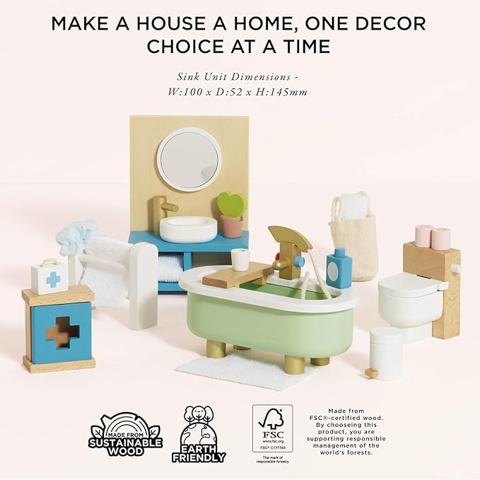 Le Toy Van - Daisylane Bathroom Premium Wooden Toys Dolls House Accessories |Playset For Doll House | Girls Dolls House Furniture Sets - Suitable For Ages 3+