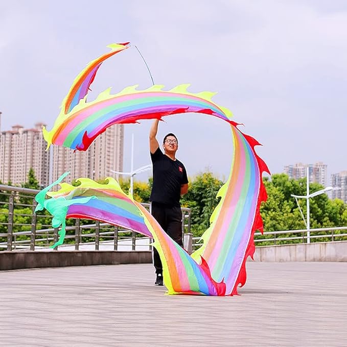 Square Exercise Dance Outdoor Flinging Fitness Dragon POI Wu Long 3D Real-Like Dragon Ribbon Streamer Set (26.2ft, Rainbow Dragon)
