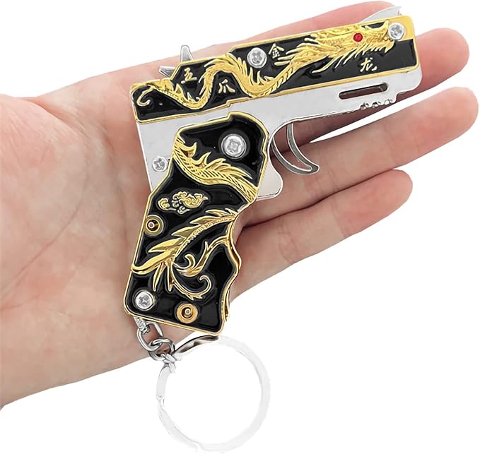 Mini Golden Dragon Rubber Band toy Metal folding keychain Rubber band toy Novel and funny Creative Outdoor party gift (Black Golden Dragon)