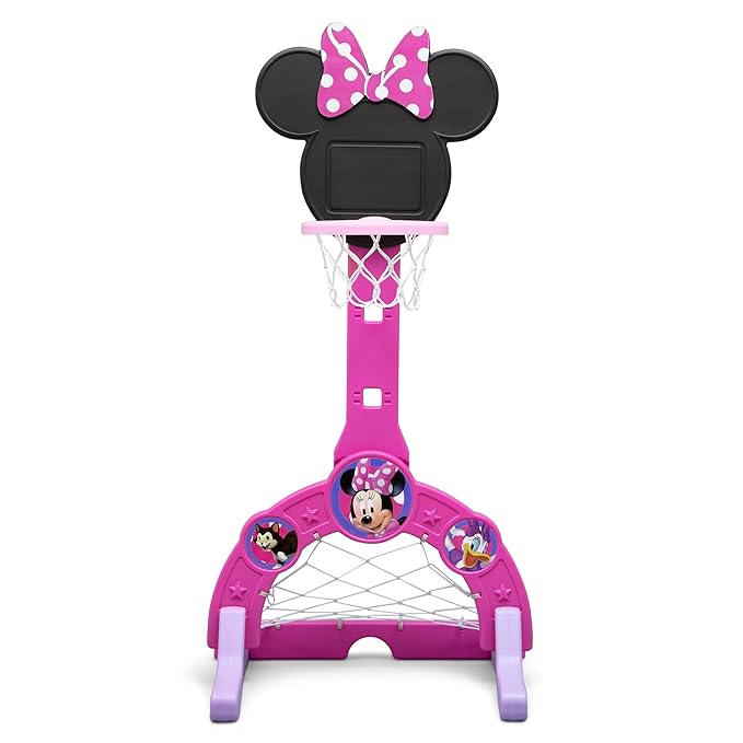 Delta Children Disney Minnie Mouse 4-in-1 Sports Center – Adjustable Easy Score Basketball Hoop, Soccer/Hockey Net and Golf Game, 4 Golf/Hockey Balls, Pink