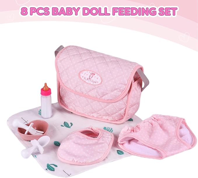 BABESIDE 8 Pcs Baby Doll Diaper Bag Set for 17-22 inch Dolls, Baby Doll Feeding Accessories with Disappearing Milk Toy Bottle and Spoon Fork Bowl for Pretend Play Toys, Pink