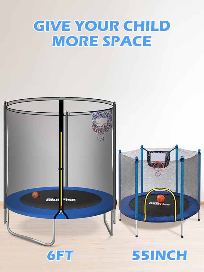 BLUERISE 55IN 6FT Toddler Trampoline for Kids Indoor Outdoor Play for Kids Trampoline Basketball Hoop Attachment with Enclosure Net Easy to Assemble