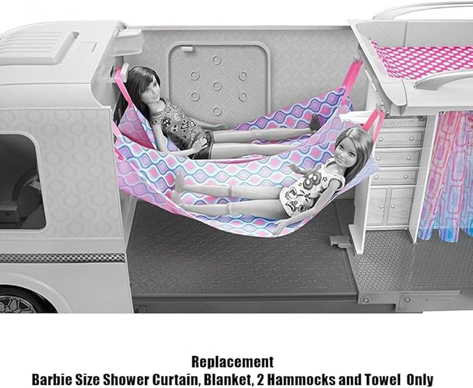 Mattel Replacement Barbie Size Shower Curtain, Blanket, 2 Hammocks and Towel for Barbie Camper Playset - FBR34, Pink, Blue, Yellow