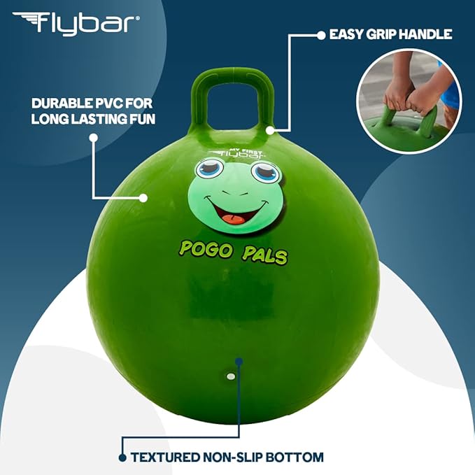 Flybar Hopper Ball for Kids, Inflatable Bouncy Ride-On Ball w/ Handle for Indoor & Outdoor Active Play, Includes Pump, Jump Ball Toy for Boys & Girls, Supports Up to 185 lbs, Ages 6+, 22-Inch, Medium