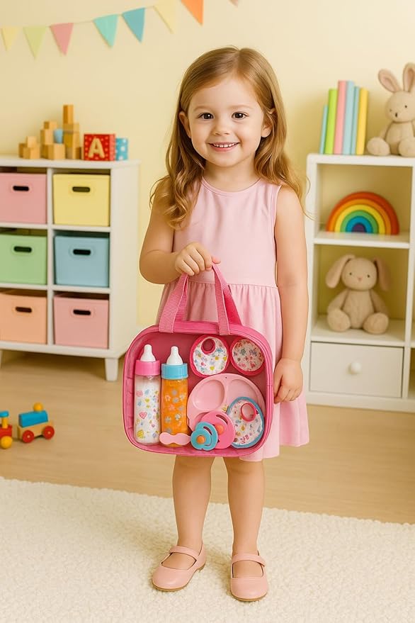 My Sweet Baby 13-Piece Doll Feeding & Diaper Bag Set – Disappearing Milk Bottles, Bibs, Pacifiers, Diapers & Accessories Set – Pretend Play Baby Doll Care Kit for Girls – Fits 12–18″ Dolls