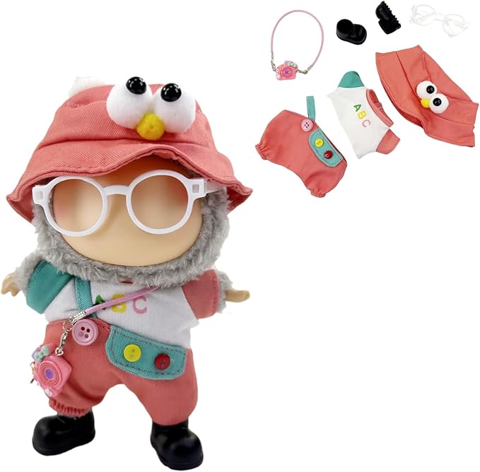 Stylish Adorable 17cm Dolls Clothes, 6PCS Doll Outfits Dress-Up with Hat + Top + Pants + Glasses + Shoes + Pendant Accessories (No Dolls) Red