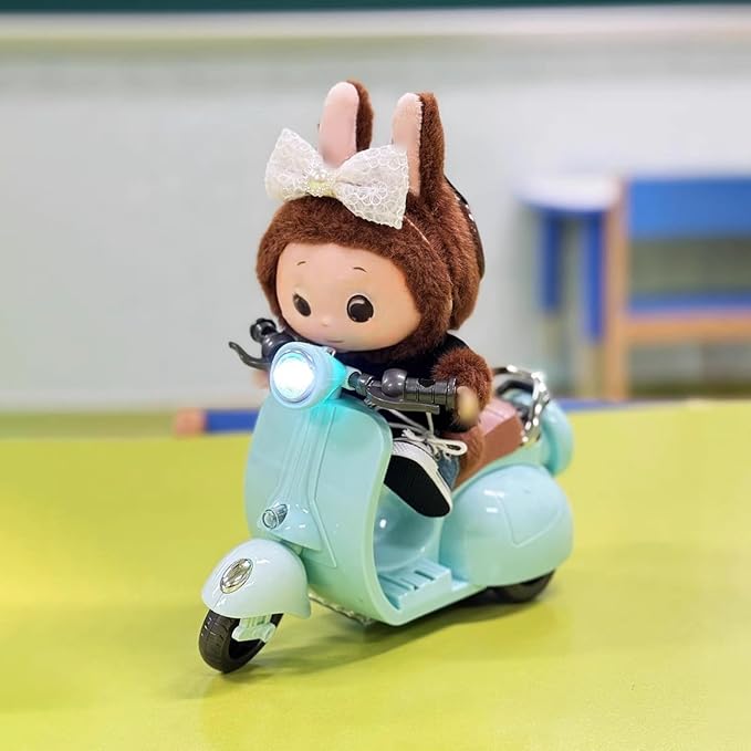 Liotww Motorcycles Scooter Toy Doll - with Light and Music, Cute Have a Seat Accessories, Interactive Rotating Decor Desktop Ornaments for Collectors (Blue)