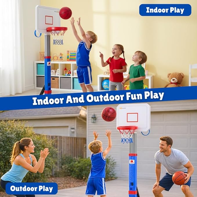 2-in-1 Toddler Basketball Hoop with Ring Toss Game, Adjustable 2.5–5.5 Ft Indoor & Outdoor Kids Basketball Set with Mini Balls, Rings, Pump & Stable Base | Sports Toy for Boys & Girls Ages 1–3+