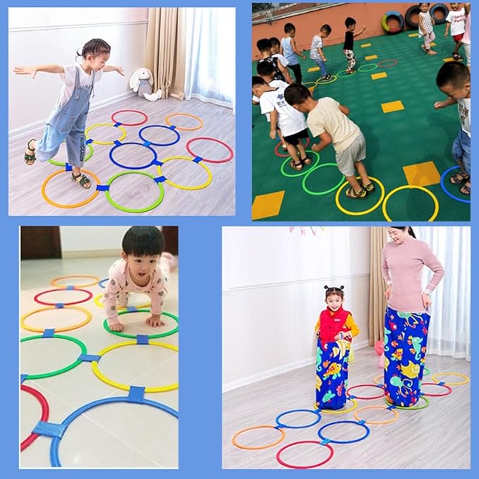 Hopscotch Squares and Hopscotch Ring Games 11in/ 15in with 30 Connectors for Kids Balance Agility Training Obstacle Course, Indoor Outdoor Backyard Activity, Birthday Fun Play for Boys Girls