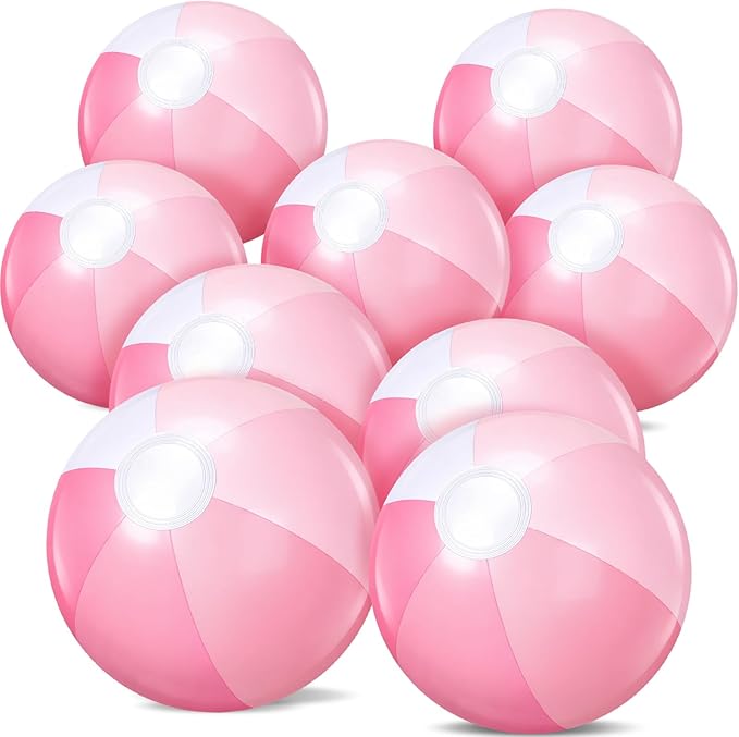 Realspring 12 Pcs Pastel Inflatable Beach Balls Kids Bulk Stripe Jumbo Big Beach Balls Pool Floating Toy for Adult Water Game Baby Shower Birthday Summer Swimming Party (Pink and White,18 Inch)