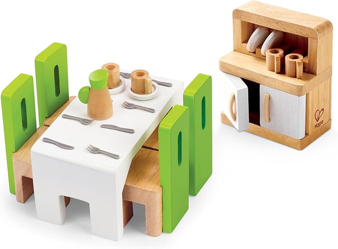Hape Wooden Doll House Furniture Dining Room Set with Accessories| 1:12 Scales Miniature Dollhouse Furniture
