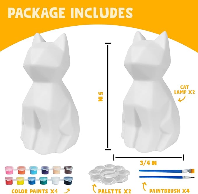 Goody King Paint Your Own Cat Lamp Kit, 2PCS DIY Cat Crafts Night Light, Easter Basket Stuffers, Arts & Crafts for Kids Ages 8-12, Painting Kit for Kids, Easter Birthday Gifts for Kids Ages 4 5 6 7 8+