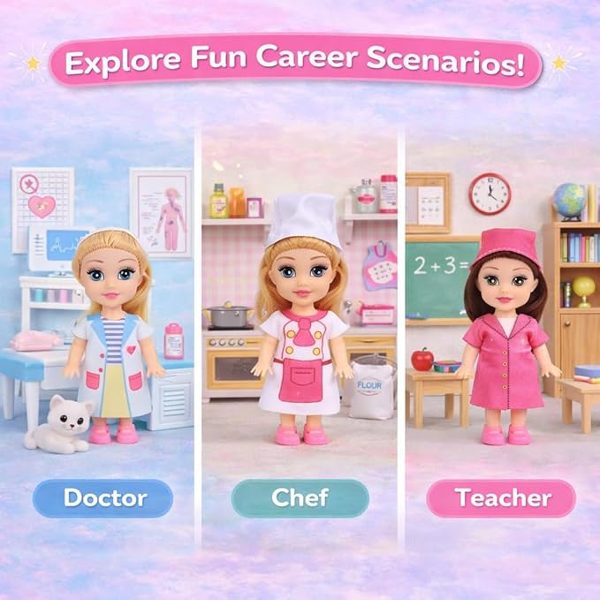 Liberty Imports Little Career Toddler Dolls with Dresses, Girls Imaginative Pretend Play Mini Small Dolls with Outfits for Chef, Doctor, Pilot, Engineer, Teacher & Baker (Career)