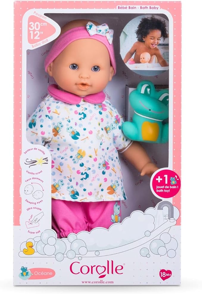 Corolle Bébé Bath Oceane 12” Girl Baby Doll with Rubber Frog Toy, Safe for Water Play in The Bathtub or Pool, Soft Body with Vanilla Scent, for Kids Ages 18 Months and up