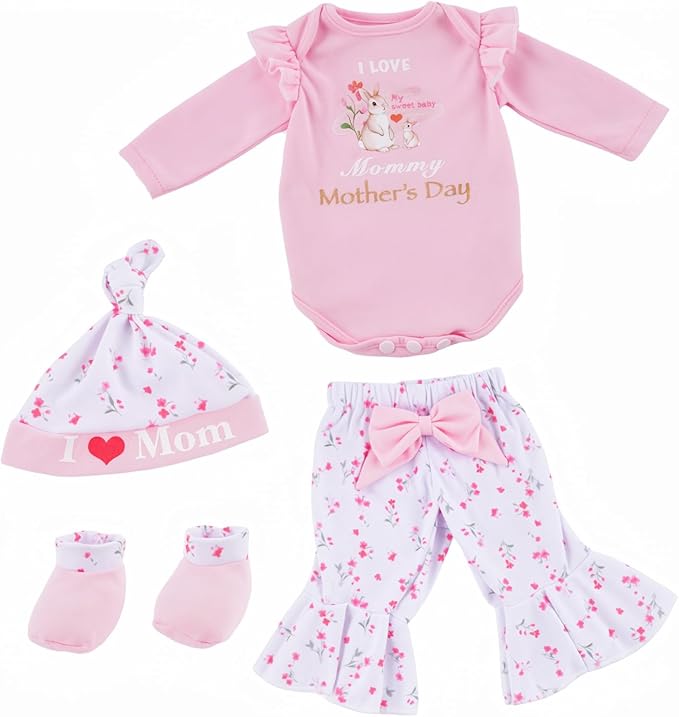 BABESIDE 5 Pcs Reborn Baby Doll Clothes for 17–22 Inch Reborn Babys Dolls, Floral Bunny Design Outfit with Romper, Pants, Hat & Socks, Reborn Baby Doll Accessories Play