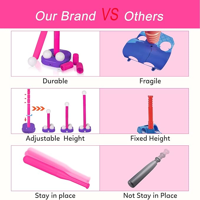 Liberry Tball Set for Toddlers with Adjustable Height Tee Ball Stand, Weighted Base and Kids Baseball Bat, Sports Game Toys Christmas Birthday Gift for Boys Girls Ages 3 4 5 (Pink)