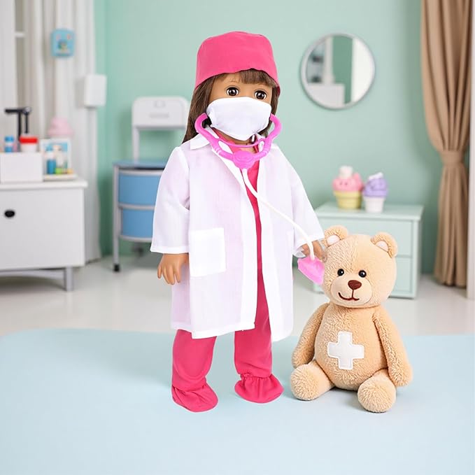 MSYO 18 Inch Doll Doctor Playset-Pretend Play Medical Kit with White Coat,Scrubs & Surgical Tools,Stem Roleplay Costume for Kids Ages 3-12,Fits Most 18 Inch Girl & Boy Dolls(Rosy)