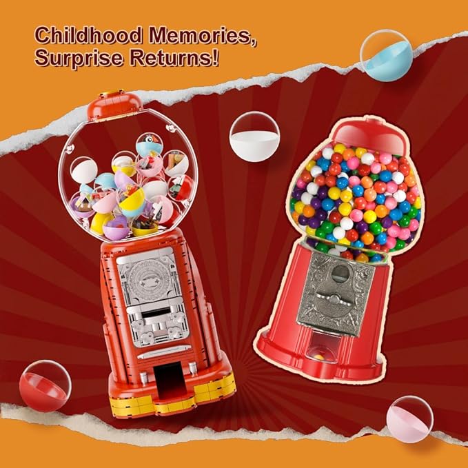 PANTASY Retro Gumball Machine Building Block Set, with 12 Micro Building Blocks and 12 Lucky Notes for Multiple Gameplay Desktop Collectible-Quality Classic Gumball Machine Assembly Blocks Kit