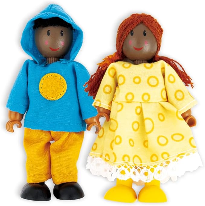 Hape African American Wooden Doll House Family| Dollhouse People Set of 6 Action Figure Set| Wire Adults: 4.3" H; Kids: 3.5" H