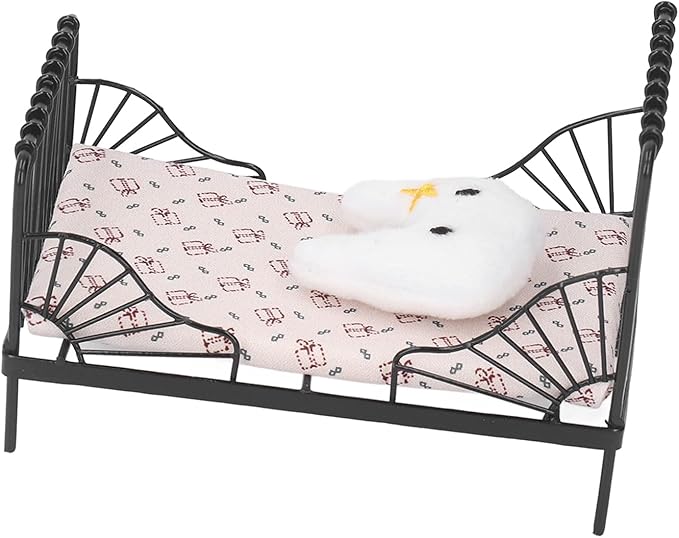 Fydun 1:12 Doll House Bed, 1 12 Children Metal Miniature Bedroom Bed,1 Scale European Furniture Accessory Black Frame with Mattress Pillow for Decor Type B (Type A)