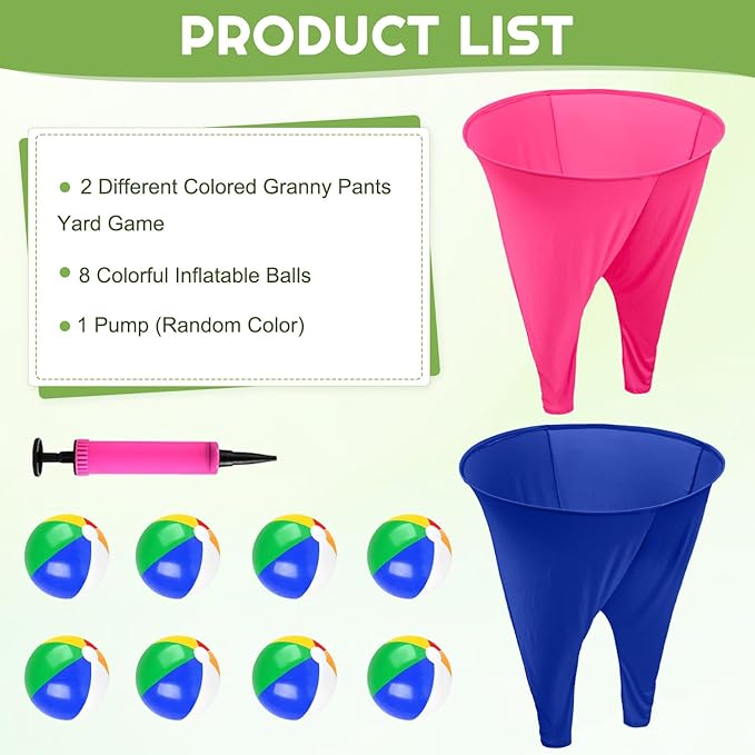 Granny Pants Outdoor Game,Granny Pants with 8 Bouncy Balls & 1 Air Pump (Random Colors) and 2 Pack Color Granny Pants Game for Adults Family Reunion & Team Building, Big Pants Ball Game